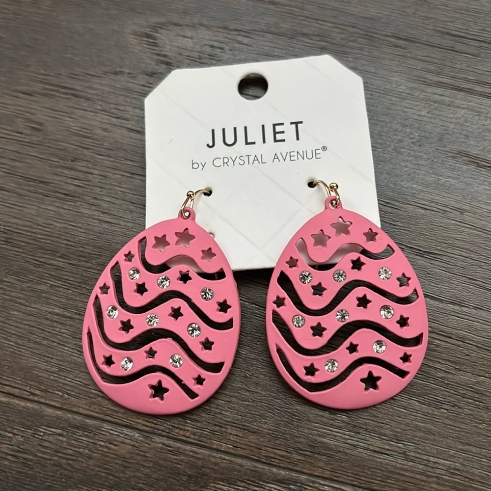 Juliet By Crystal Avenue cutout Easter Egg,clear rhinestone post drop earrings